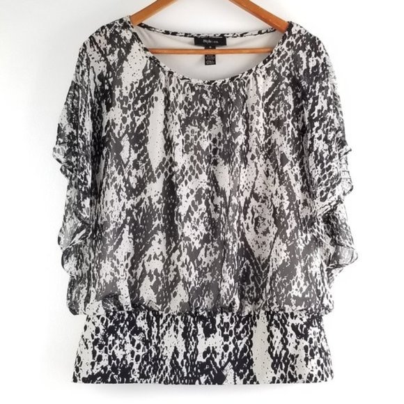 Anthro Chiffon Snakeskin Lagenlook Drapey Butterfly Sleeve Ruffle Blouse Y2K - Picture 1 of 6